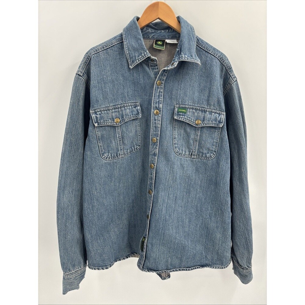 John Deere Men XL Heavy Denim Shirt Gold Snap Button Western Workwear Farm Ranch
